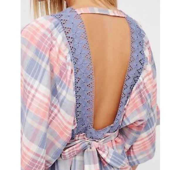 🎁FREE PEOPLE PLAID  LINEN TOP SMALL - Picture 3 of 13